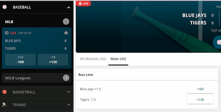 An image of a live baseball run line from BetOnline, showing how a run line is similar to a point spread.